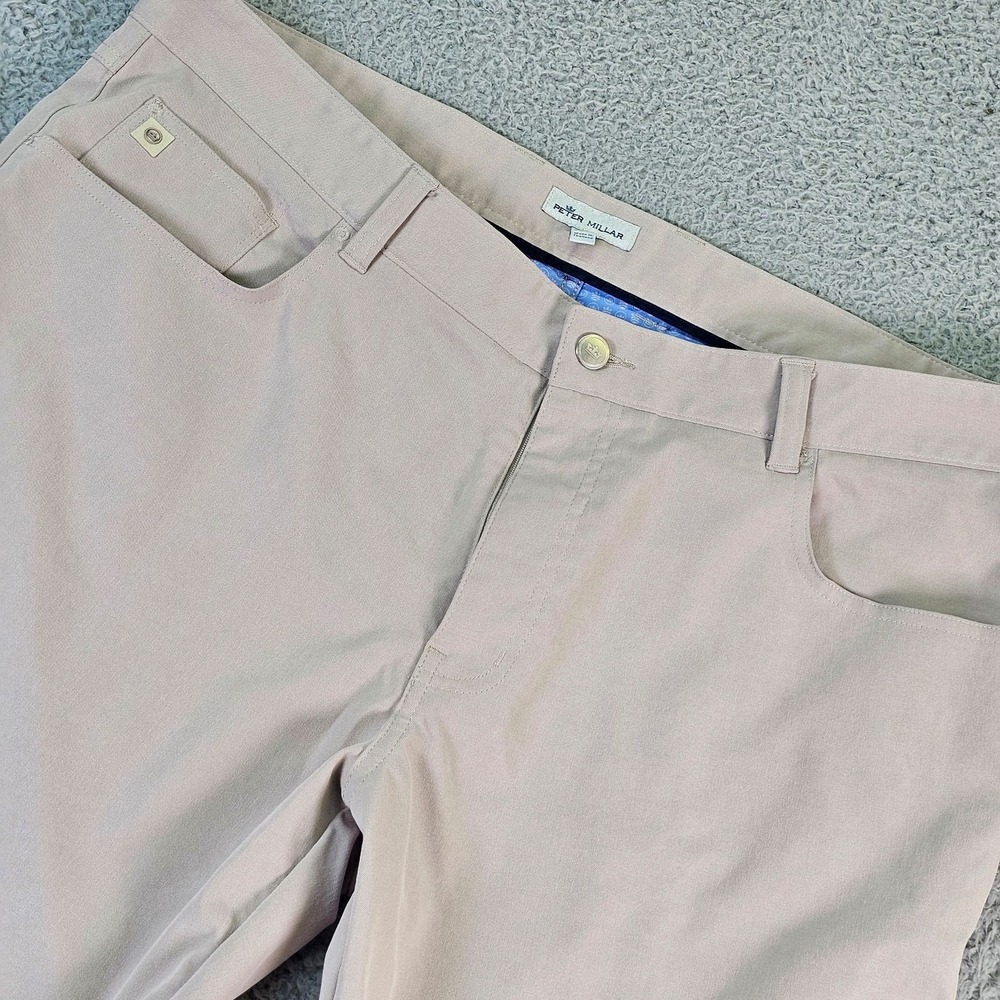 Peter Millar EB66 Pants Mens 38x30 Beige Chino 5 Pocket Polyester Golf Casual